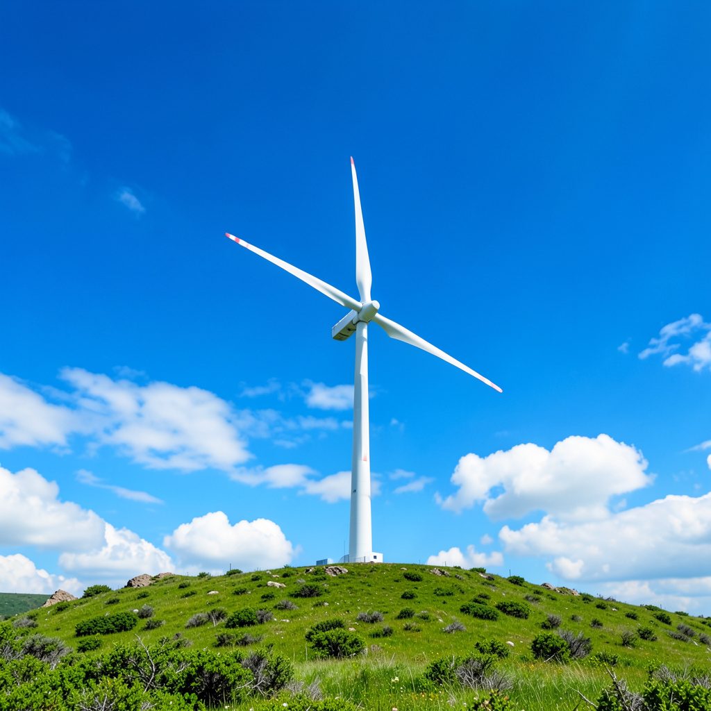 Turbine eoliene albe pe un deal verde sub un cer albastru cu nori pufoși, în tonuri de alb, verde și albastru deschis.