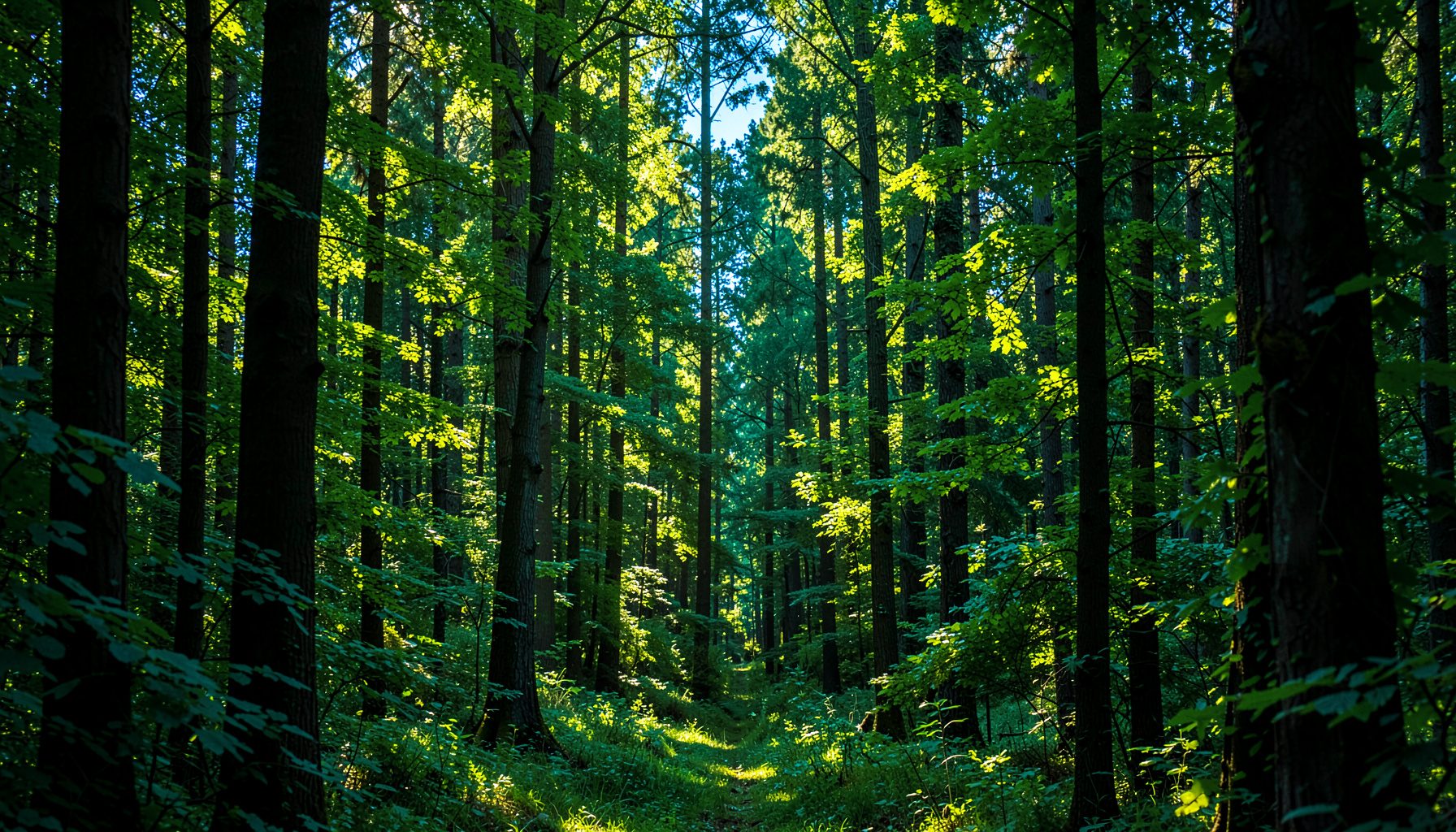 O pădure deasă cu frunziș verde intens, străbătută de raze blânde de soare care se filtrează printre crengi; predomină verde intens și accente aurii, într-o atmosferă liniștită și aerisită.